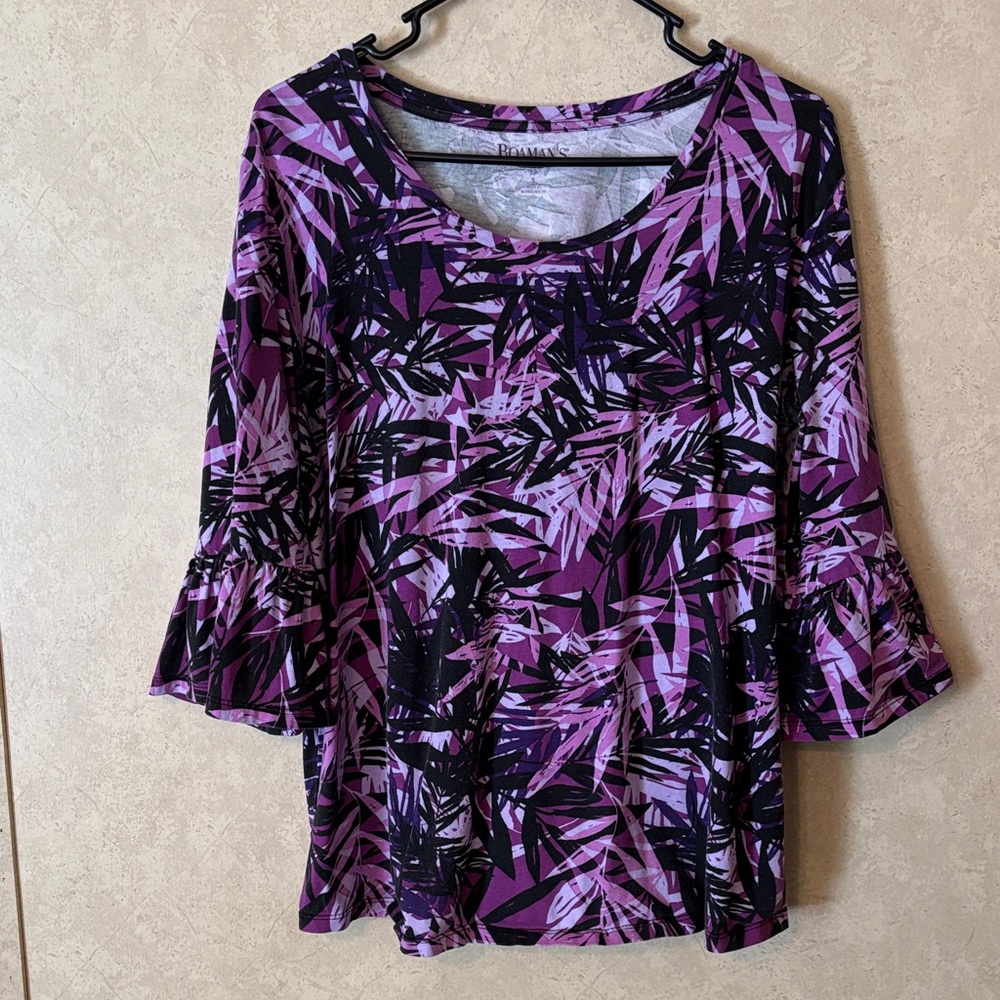 Roaman's Purple Tropical Leaf Pattern Blouse with Sleeve Detail Size 12(S)
